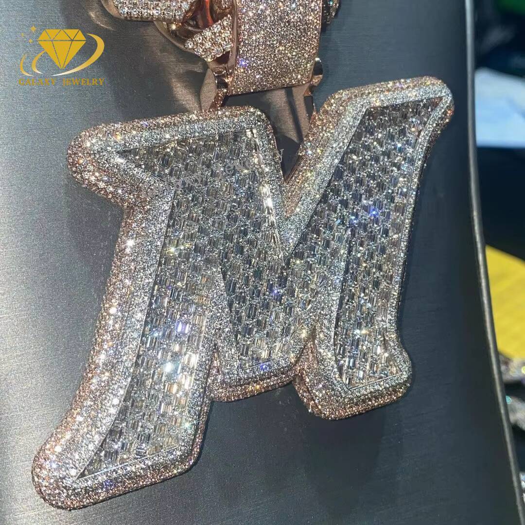 Hip Hop Rappers Mossanite Jewelry D Color Baguette Diamond 925 Sterling Silver Name Initial Pendant Necklace Letter M Pendant