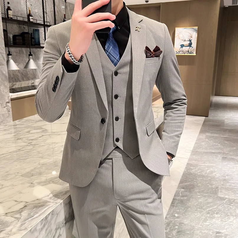Men Boutique Three Piece Suit Set Jacket Pants Vest Male Business One Button Blazers Coat Waistcoat Trousers Large Size M6XL 240412