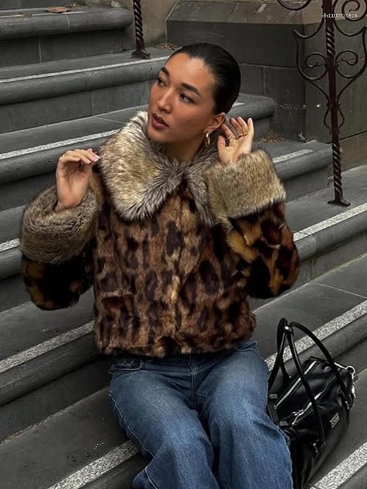 Women's Down 2025 Winter Animal Leopard Print Faux Fur Jacket For Women Luxury Y2K Long Sleeve Warmth Coats Lady High Street Chic Outerwear