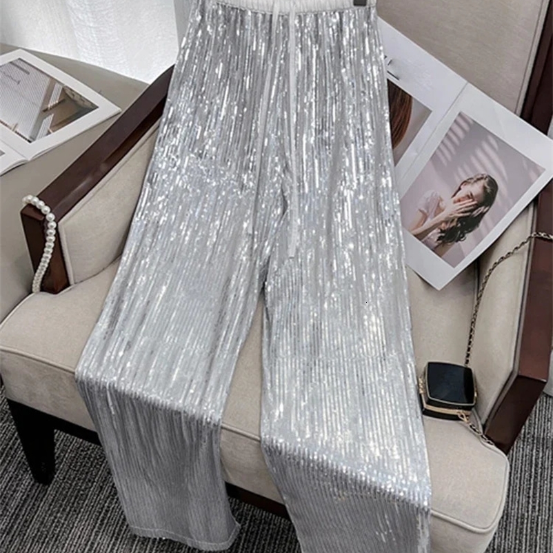 Women's Pants Capris Circyy Sequins Pants Women High Waist Glitter Pants Drawstring Loose Wide Leg Trousers Vintage Fashion Full Length Shiny Pan
