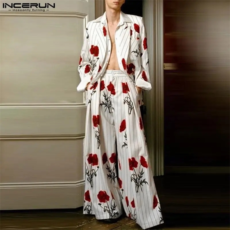 Fashion Men Sets Streetwear Flower Printing Lapel Long Sleeve Blazer Pants 2PCS Loose Mens Casual Suits S-5XL INCERUN 240530