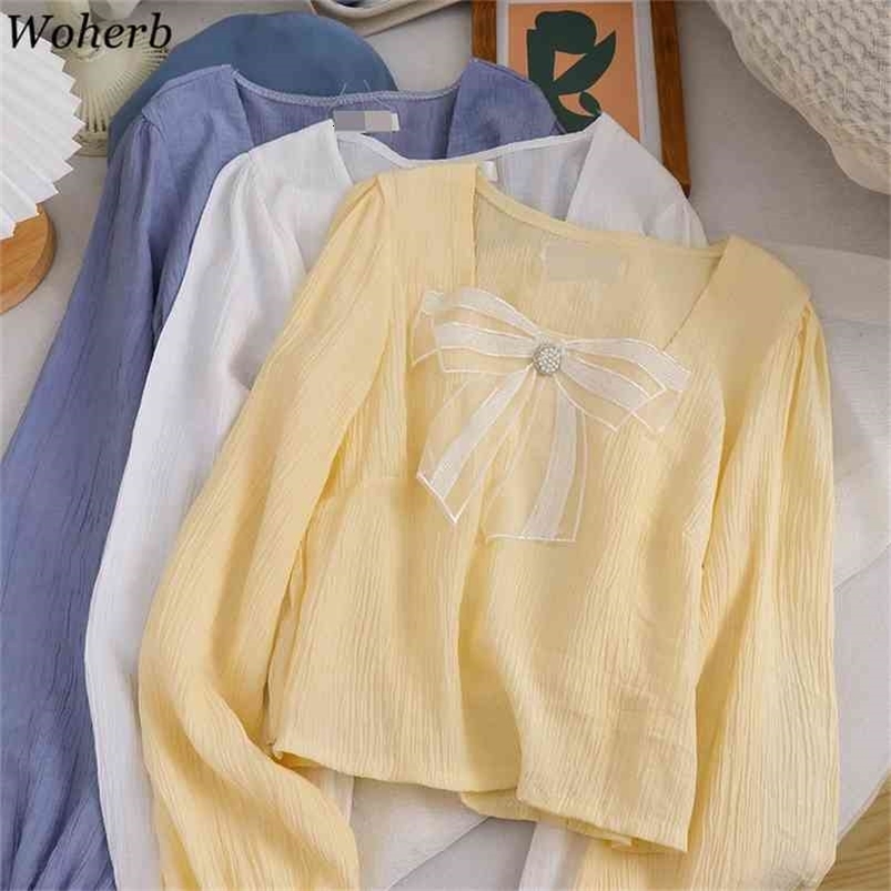 Sweet Square Collar Crop Short Tops Women Bow Beading Fashion Long Sleeve Blouse Summer Casual All Match Blusas 210519