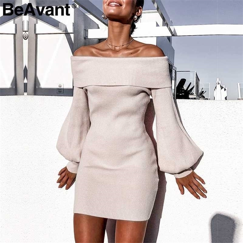 BeAvant Elegant off shoulder women dress Sheath puff sleeve female knitted party dress Solid autumn ladies chic office vestidos 210709