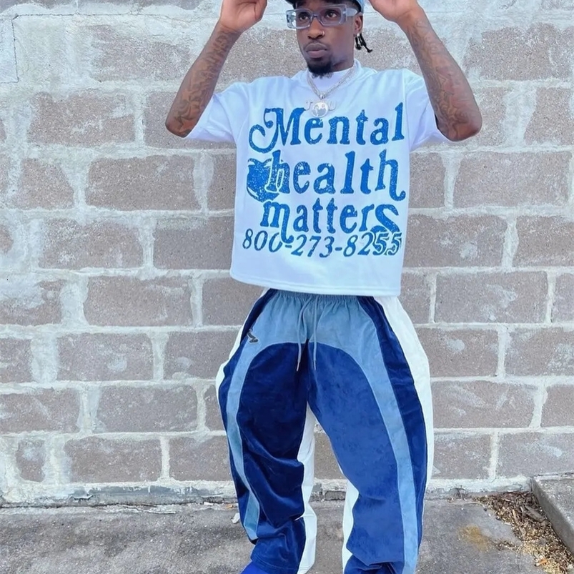 mental health issues graphic t-shirt Gothic street t-shirt y2k ultra-fine short harajuku Gothic t-shirt mens wear 250103