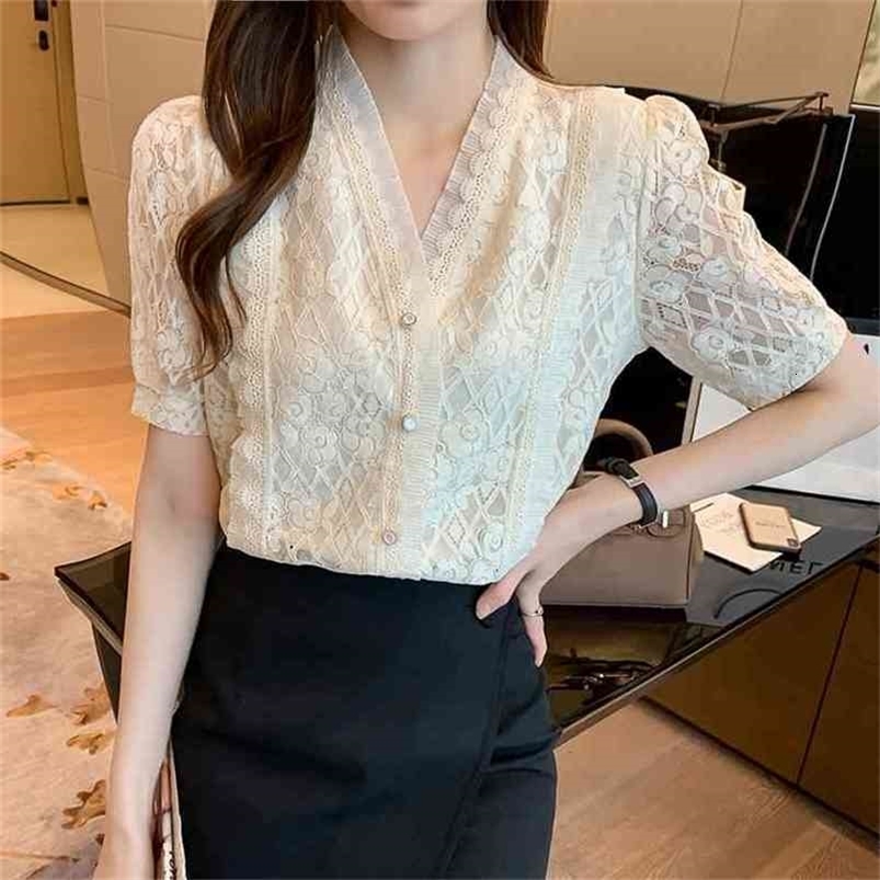 Summer Korean Lace Women Shirts Woman Short Sleeve Blouse Chiffon Blouses Office Lady White Tops Plus Size XXL 210531