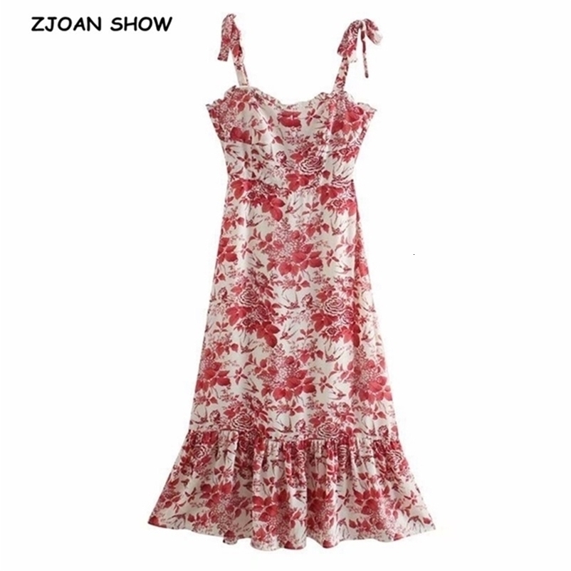 French Floral Print Bandage Spaghetti Strap Ruffles Hem Midi Dress Retro Sexy Women Tie Bow Sling Slit Summer Vestido 210429