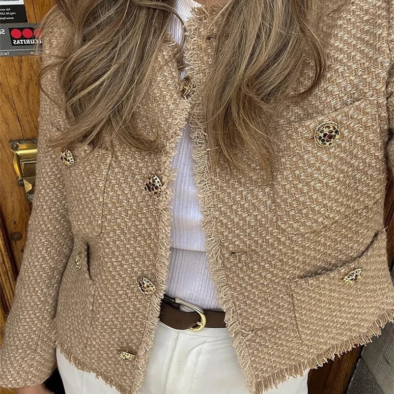 TRAF Autumn Fashion Women Short Jacket Camel Tweed Long Sleeve Button Frayed Cropped Tops Elegant Y2k Vintage Chic Coats 240704