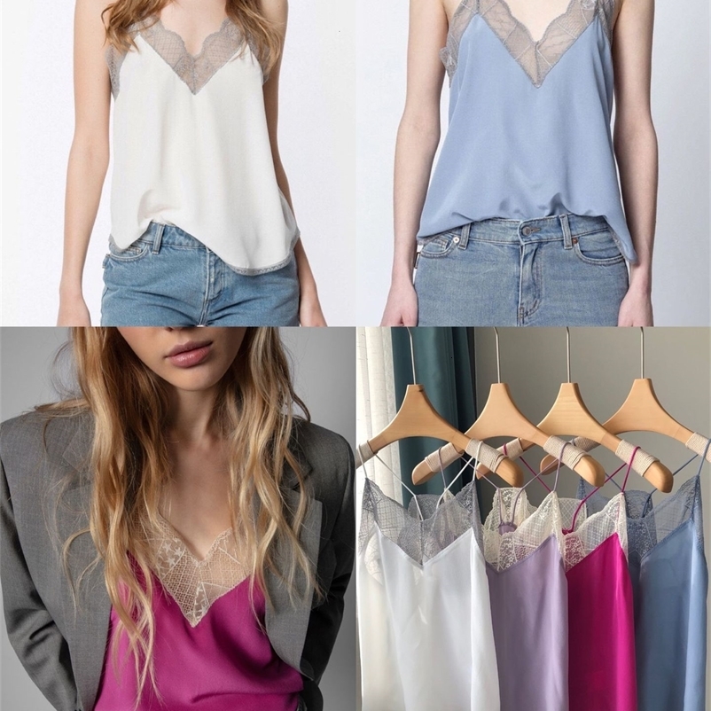 Camisoles Tanks Sexy Sling Tops Women V-neck Sleeveless Lace Stitching 4 Colors Ladies Camisole Summer 230426