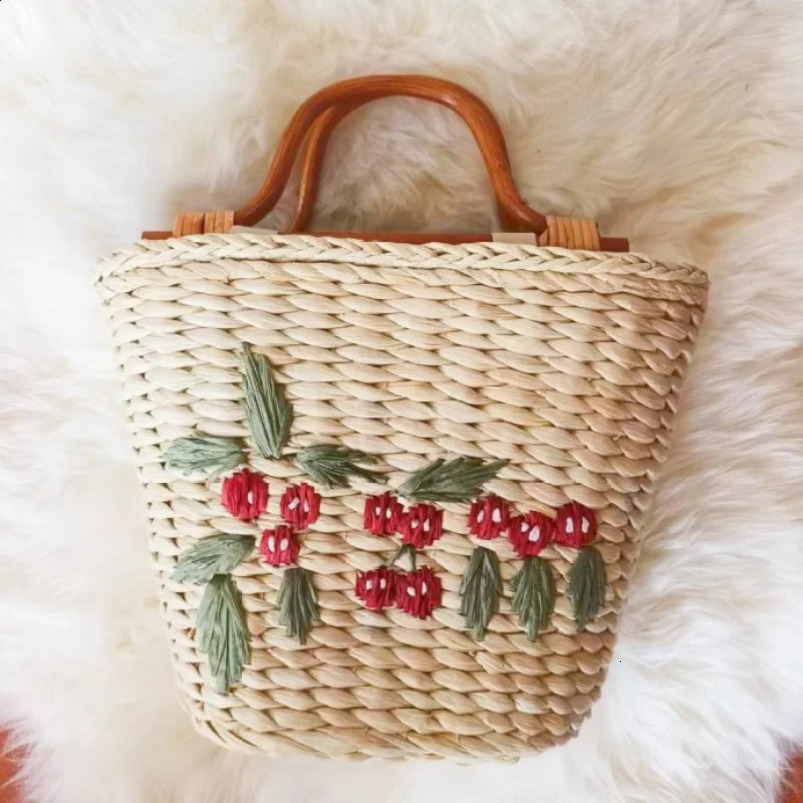 Women Tote Bucket Straw Bag Vintage Embroidered Cornhusk Woven Beach Womens Handbags 240723