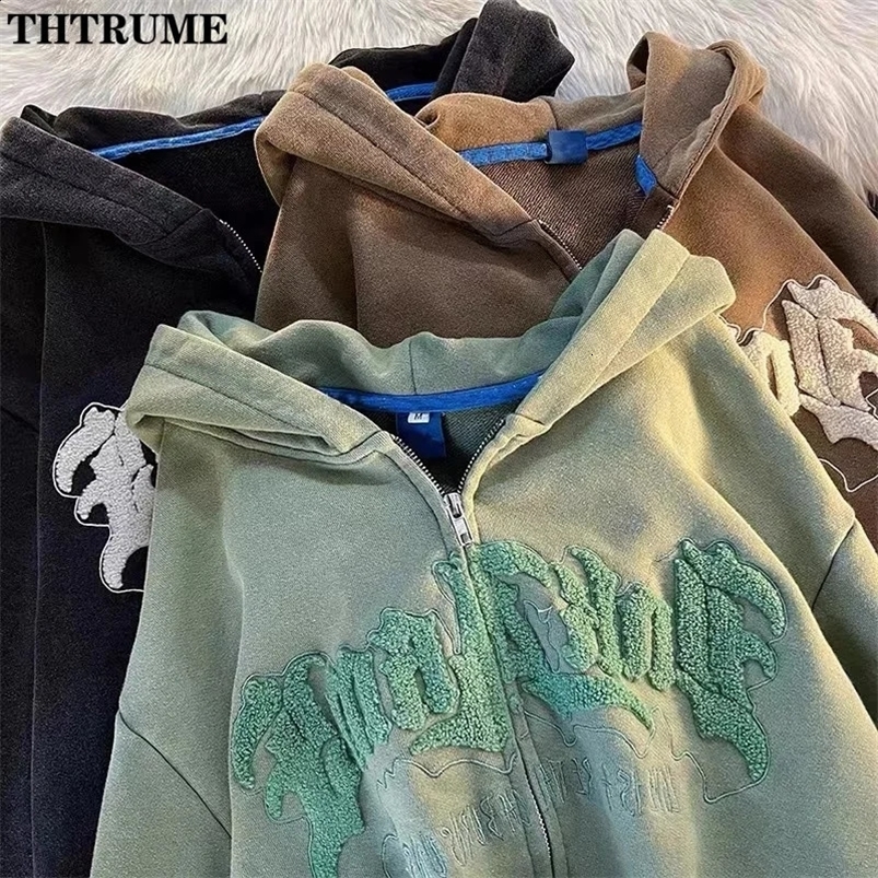 Harajuku Vintage Zipper Hoodies For Women Fashion Autumn Long Sleeve Letter Embroidery Hooded Coats Casual Y2K Retro Sweatshirts 250117