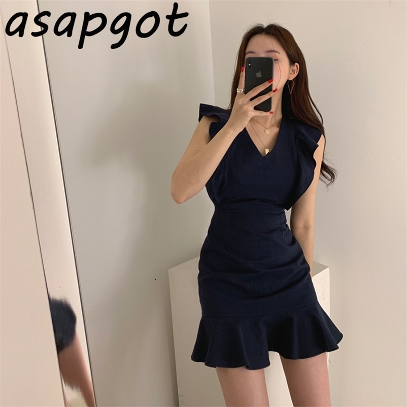 Dresses Chic Korean Sexy Elegant Oversize Sleeveless Ruffles V Neck Wrap Hip Mermaid Dress Women Mini Slim High Waist Lace Up 210429