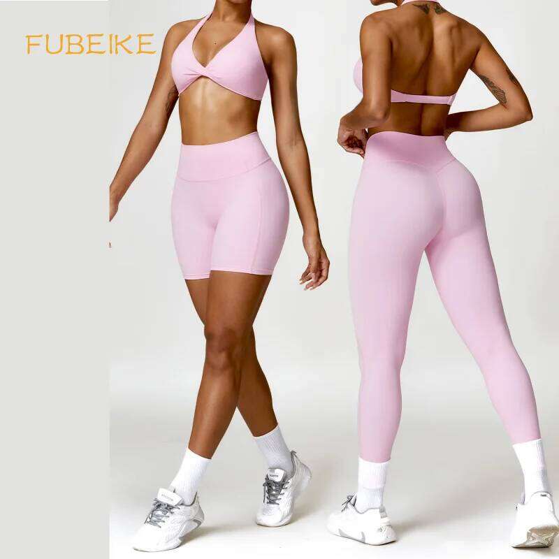 FUBEIKE 2 Pieces Set Pink Women's Underwear Seamless Women Panties Yoga Suits Beauty Back Quick-Drying Running Workout Clothes