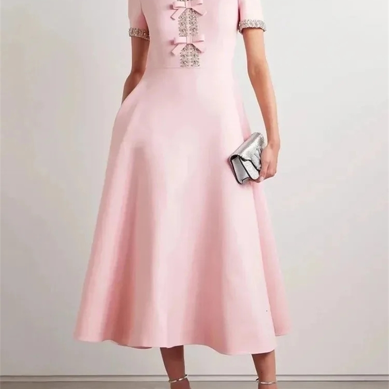 DEAT Elegant Dress O-neck Diamond Edge Bow A-line Short sleeved Womens Evening Dress 2025 Spring Style 35Z1457 250103
