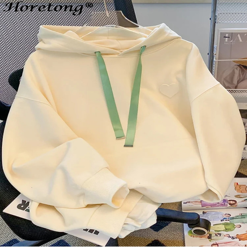 Horetong Hooded Casual Sweatshirt For Women Korean Autumn Winter Heart Embroidered Loose Hoodies Long Sleeve Pullover 240318