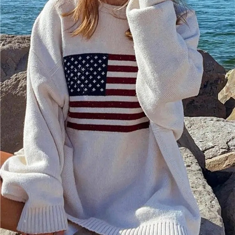 Women Flag Pattern Sweaters Vintage Loose Warm Sweaters Long Sleeve Round casual Harajuku Pullovers Knitwear Streetwear 240812