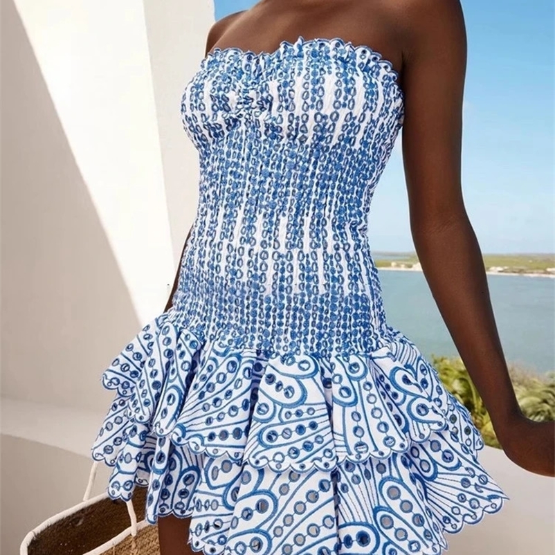Blue Elegant Lace Dress Women Summer Vacation Strapless Vestido Mujer Hollow Out Vintage Mini Dresses Bodycon Sleeveless 240518