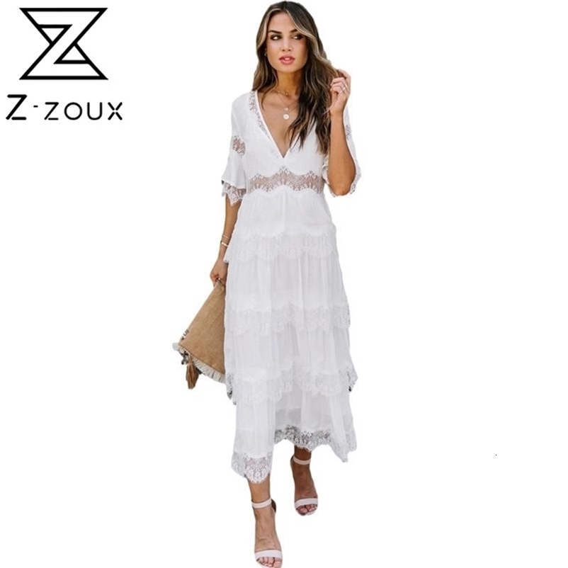 Women Dress Hollow Out Sexy Loose Casual Bohemia Deep V Neck Half Sleeve Maxi es Plus Size Summer es 210513