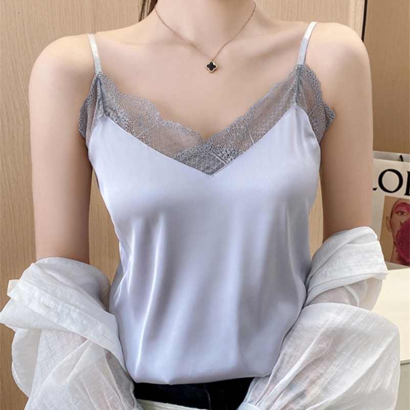 Camisoles Tanks Camisole Women Summer Lace Patchwork Tops Strap Silk Top Black Sexy Halter V Neck Ladies Satin Tank Tops Female Tanks Camis 230426