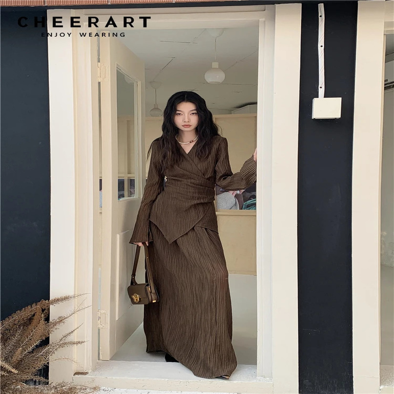 CHEERART Brown Pleate Elegant 2 Piece Sets Women Outfit V Neck Long Sleeve Cardigan Top And Maxi Skirt Set Fall Clothes 240423