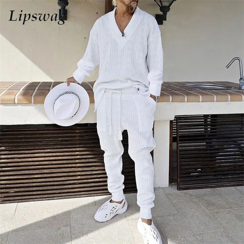 Spring Mens Knitted Two Piece Sets Casual Solid Color V Neck Sweater And Pants Knitting Outfits For Men Knitwear Streetwear 240530