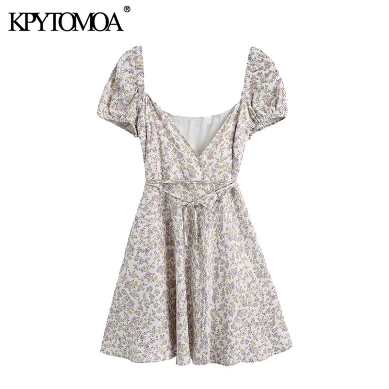 Women Chic Fashion With Belt Floral Print Wrap Mini Dress V Neck Puff Sleeve Female Dresses Vestidos Mujer 210420