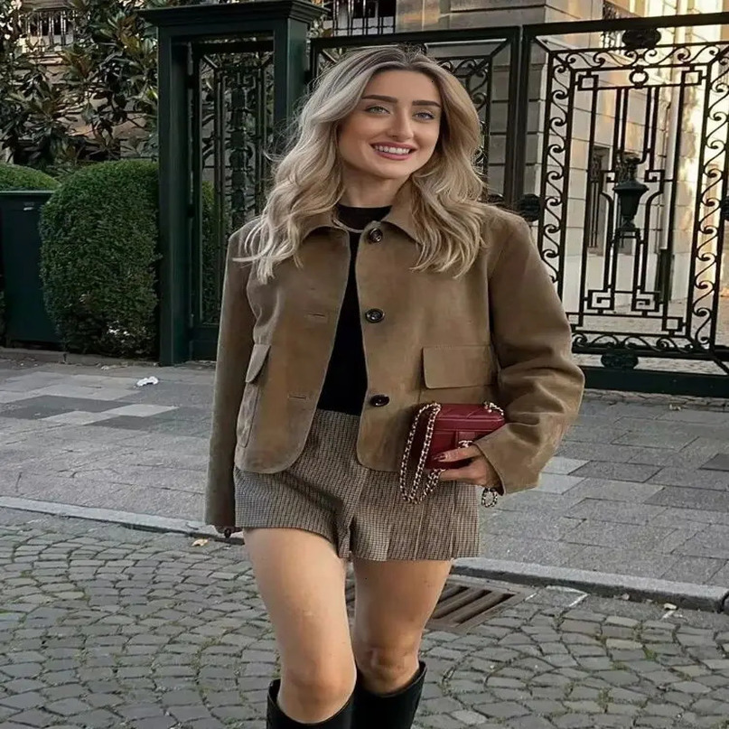 Womens retro suede long sleeved autumn cut jacket womens casual lapel single chest pocket womens clothing 240930