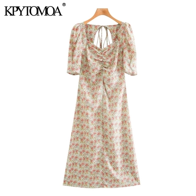 Women Chic Fashion Floral Print Pleated Midi Dress Puff Sleeve Back Zipper Female Dresses Vestidos Mujer 210420
