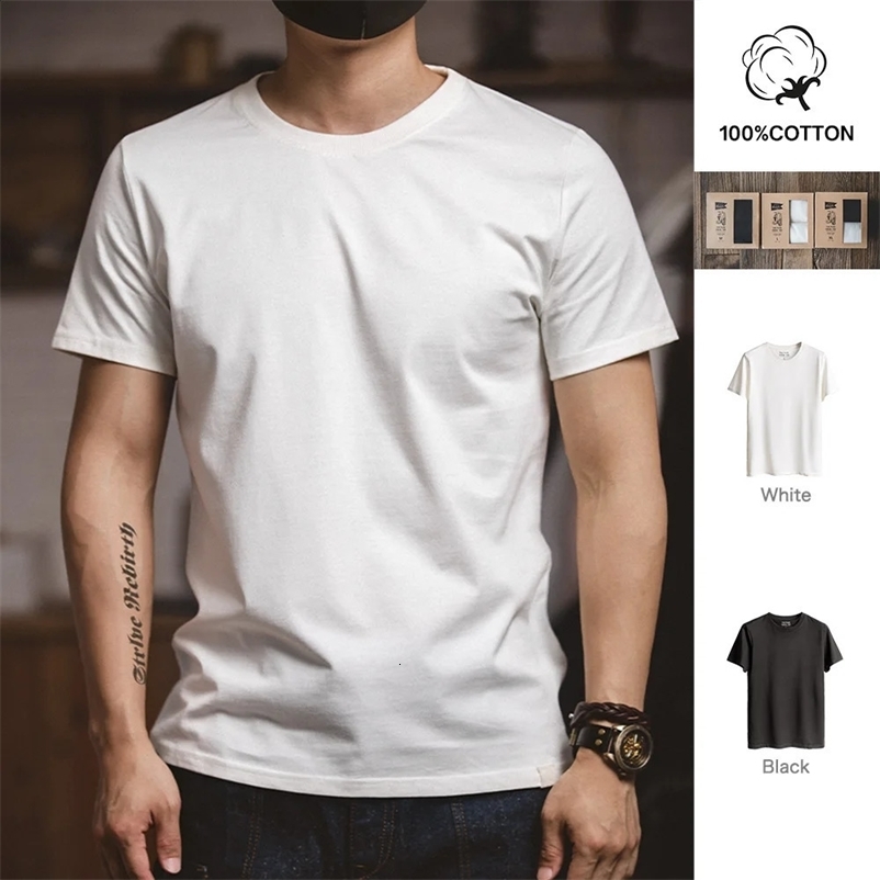 Maden 1Pc/2Pcs Solid Cotton Mens T-shirts Short-sleeved Round Neck Black Beige T-Shirt Classic Heavyweight Oversized Tees Tops 250214