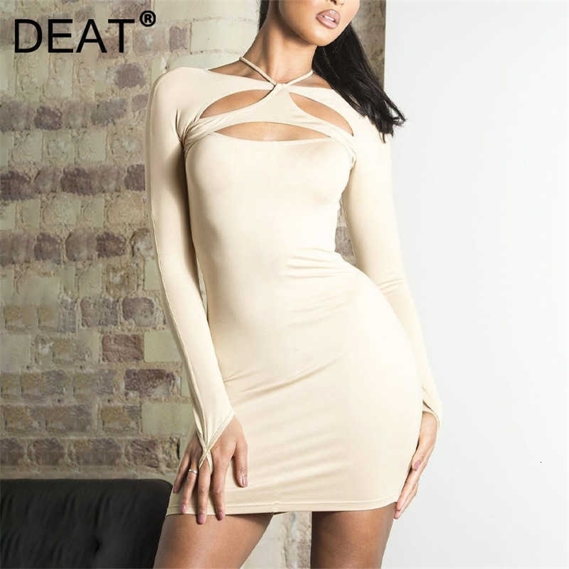 DEAT Women Sexy Slim Bottocks Mini Dress Solid Color Halter Long Sleeve Temperament Fashion Spring Summer 11B002 210709