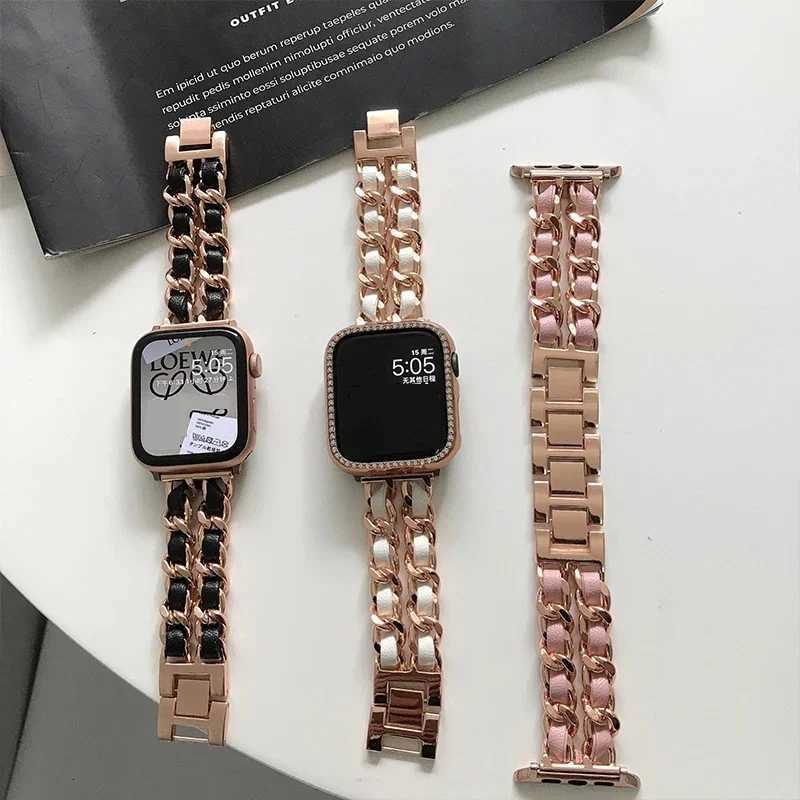 Double row metal denim chain with blackwhite leather Watch Band 22mm3849mm Womens Bracelet for iWatch Ultra 81 Z250924