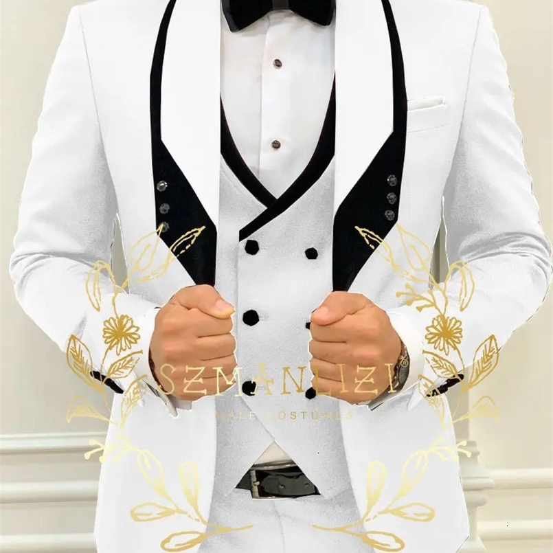 White classic mens 3-piece set tailcoat shawl lapel grooms wedding dress set fashionable mens business jacket pants vest 241025