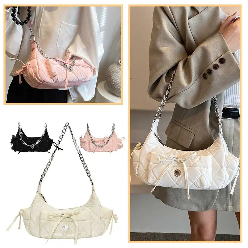 Rhombus Chain Bowknot Shoulder Bag with Adjustable Strap Y2K Purse PU Leather Fashion Handbag Everyday for Women and Girls 240729