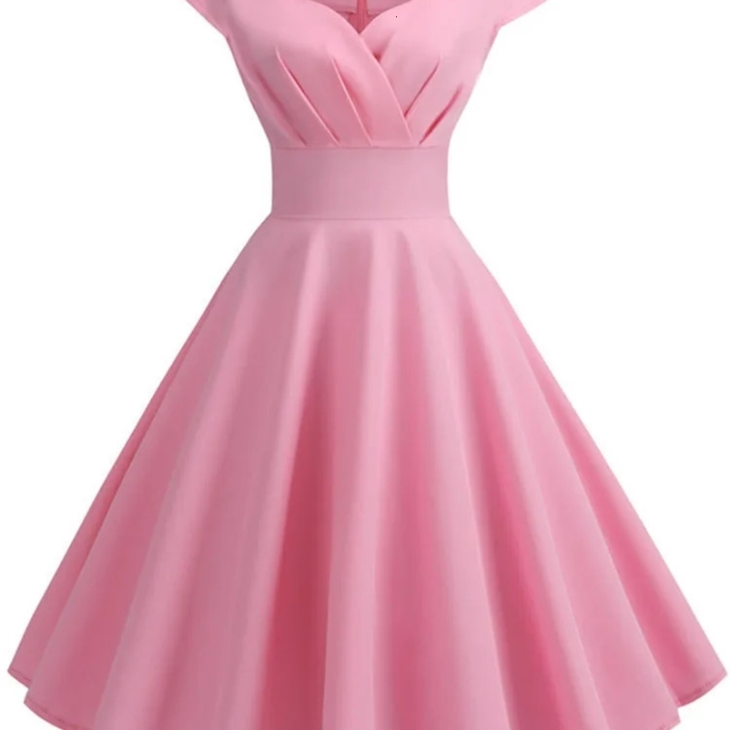 Pink Summer Dress Women V Neck Vintage Dress Elegant Retro pin up Party Office Midi Dresses 250122