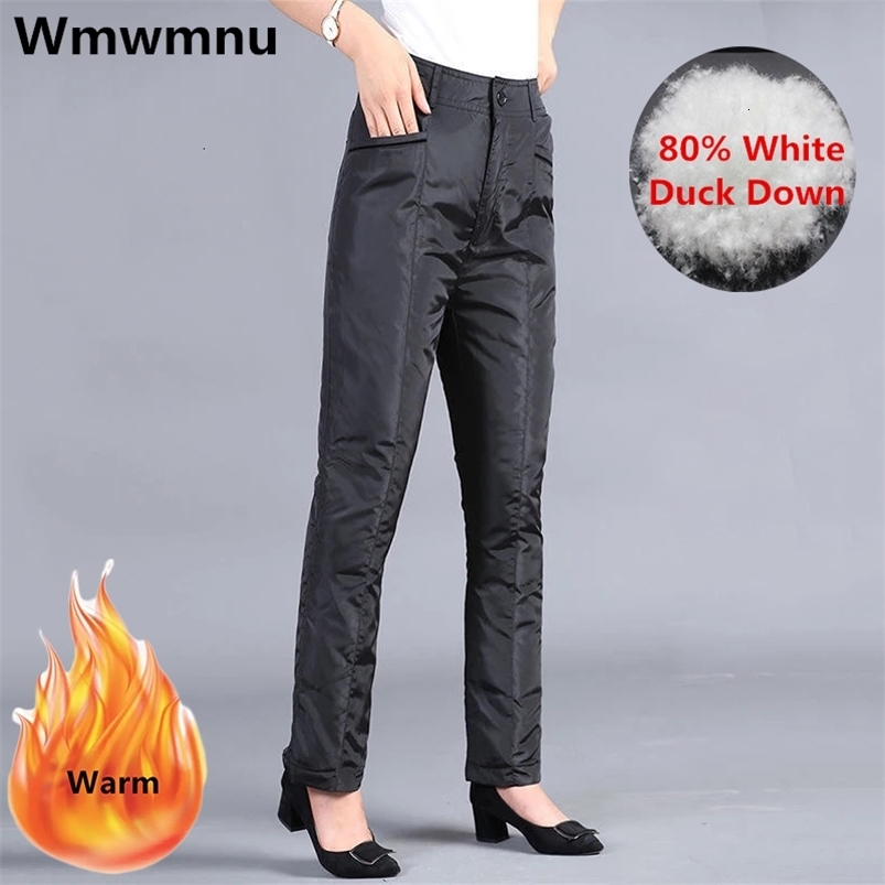 Women's Pants Capris Oversized 5xl Winter 80% Duck Down Black Women High Waist Thicken Elegant Baggy Trousers Warm Straight For 100kg 221122