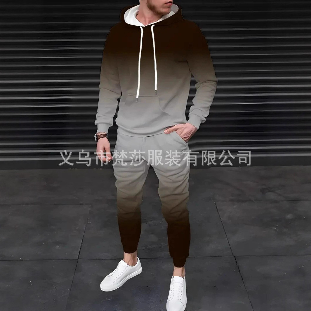 Hot-selling Men's Versatile Gradient Color 3D Digital Print Hoodie Set Breathable and Comfortable