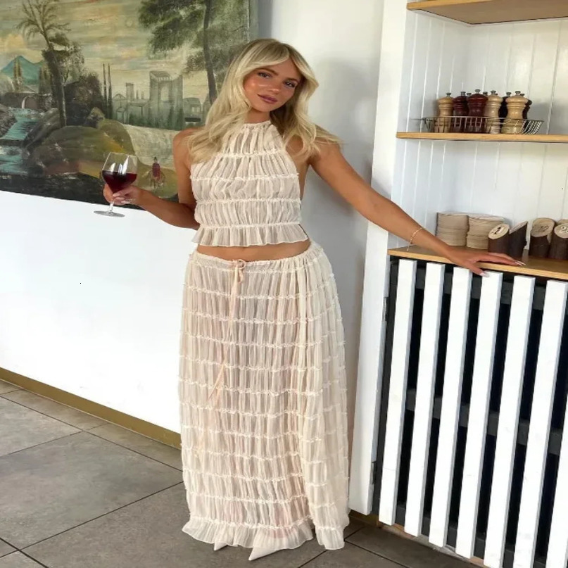 Sexy Halter Pleated Crop Tops Maxi Skirts Set Women Sleeveless Backless Skirt Suit Female Summer Ladies Beach Outfits 240423