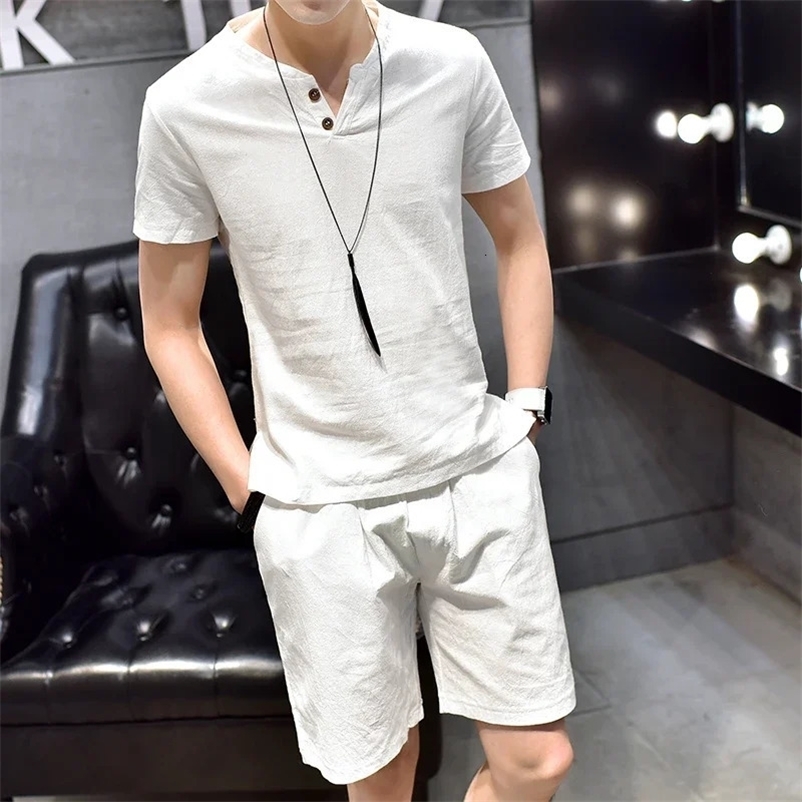 Summer Linen Mens Solid V-neck Chinese Fashion Casual Comfortable Versatile Set 240530