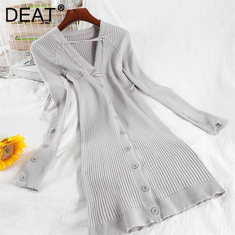 DEAT Women Sexy Bottomed Knitted Dress Long Sleeve V-neck Single Breasted Buttocks Fashion Spring Autumn MZ978 210709