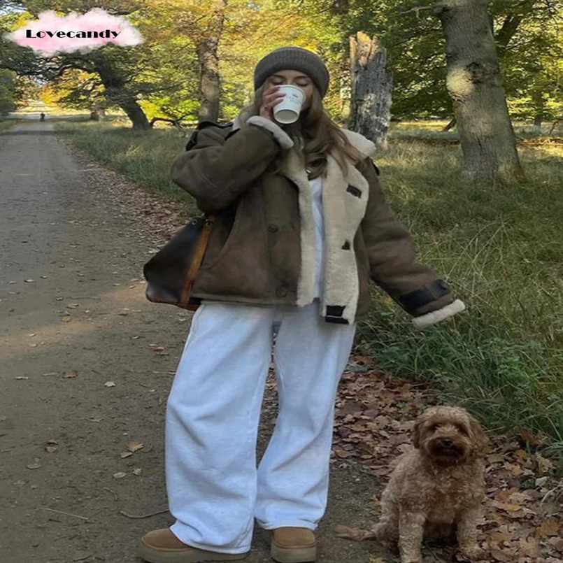 Autumn Winter Warm Lapel Long Sleeve Lamb Wool Jacket Women Single Breasted Pockets Sheepskin Coat Lady High Street Outwear 241217