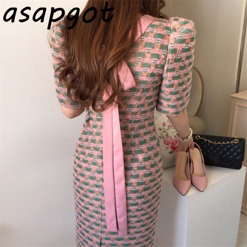 Dress Casual Oversize O Neck Puff Short Sleeve Plaid Women Chic Korean Bow Back Lace Up Retro Vestidos Mujer Fashion 210429