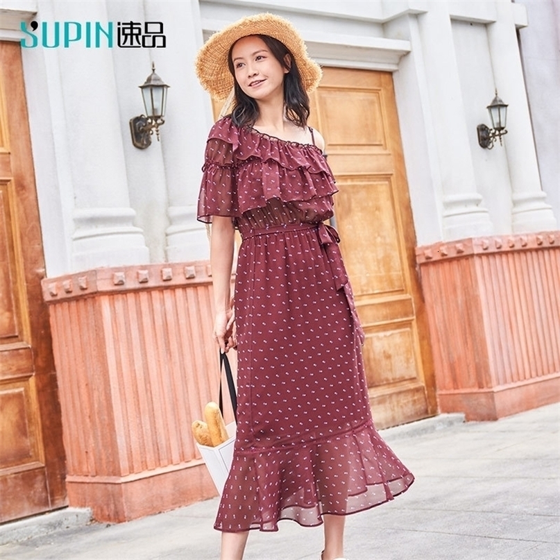 SUPIN Spring Women Ruffled Dresses Fashion Print Strap Short Sleeve Loose Mid Long Female Beach Dress 519270012 T200521