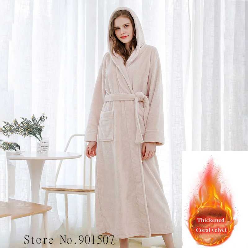Extra Long Winter Coral Fleece Bathrobe Women Hooded Warm Kimono Bath Robe Cozy Kimono Shower Robes Loose Peignoirs Nightgown Z250924