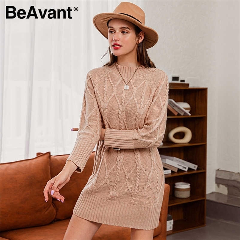 BeAvant Elegant solid long sleeve midi dress women O-neck patterned straight dress Casual autumn winter warm dress ladies 210709