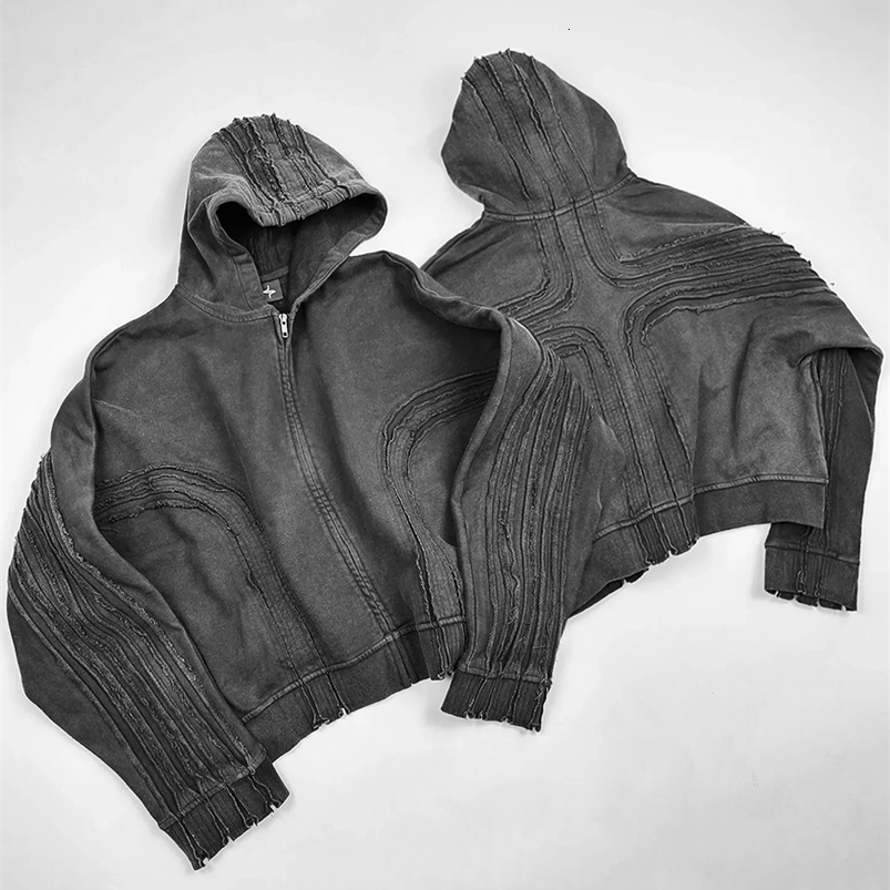 Retro Streetwear Cross Patchwork Hip Hop Zipper Hoodie Men Women Gothic Fashion Working Clothes Jacket Y2k Punk Hole Sweatshirt 250117