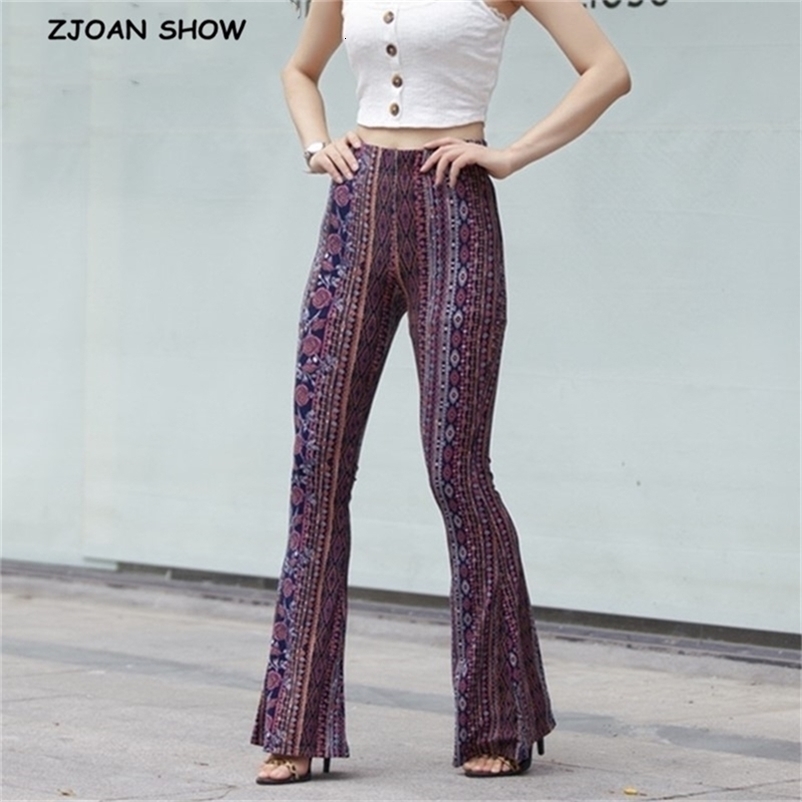 Ethnic Geometric Striped Floral Print Flare Pants Women Bohemian Tribal African Hippie Bell Leggings Bottom Long Trousers 210429