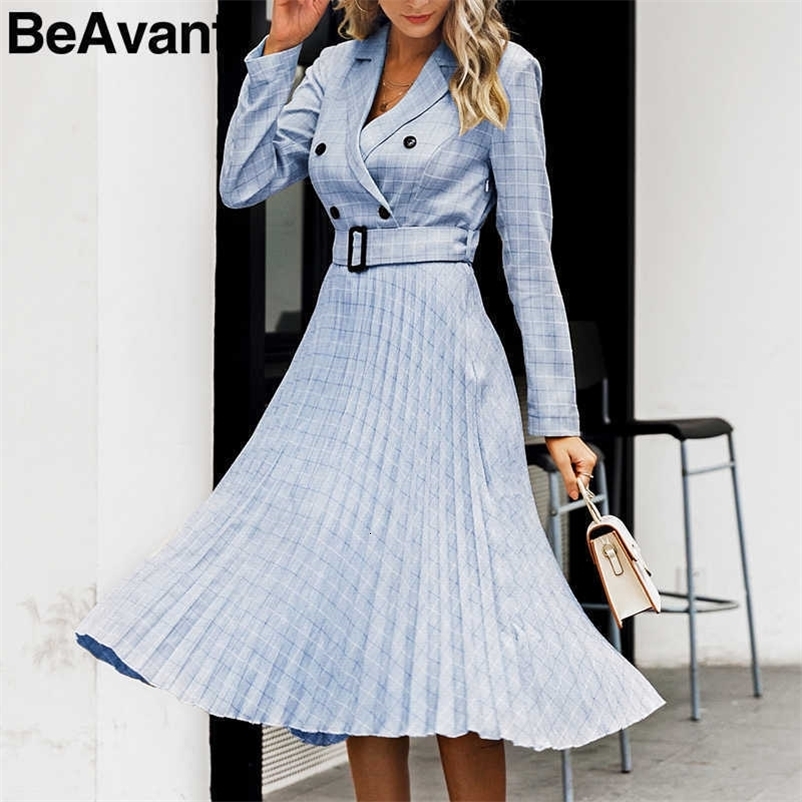 BeAvant Double breasted office dress women Elegant a line sashes plaid blazer dresses female Long sleeve pleated ladies vestidos 210709