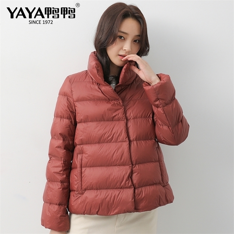 YAYA Women Autumn Coats Warm Duck Down Spring Winter Female Casual Jacket Stand Neck Light Thin Style Ladies Slim Jacket 201019