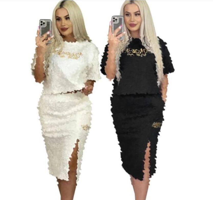 Women's Luxury Embossed set Dress Luxury Embroidered Short Sleeve Split Slim Wrap Hip Skirt Two Piece Sets High Quality Skirts suit