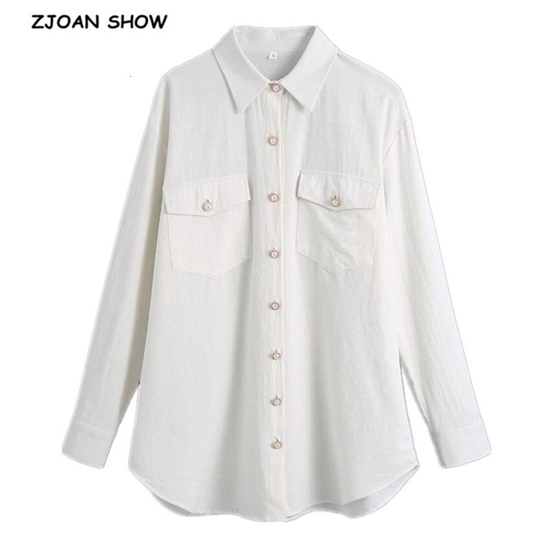 Spring Autumn Chic Lapel Pearl Buttons Women Shirt Double Pockets Loose Cotton Casual Blouse Tops Female Fashion 210429