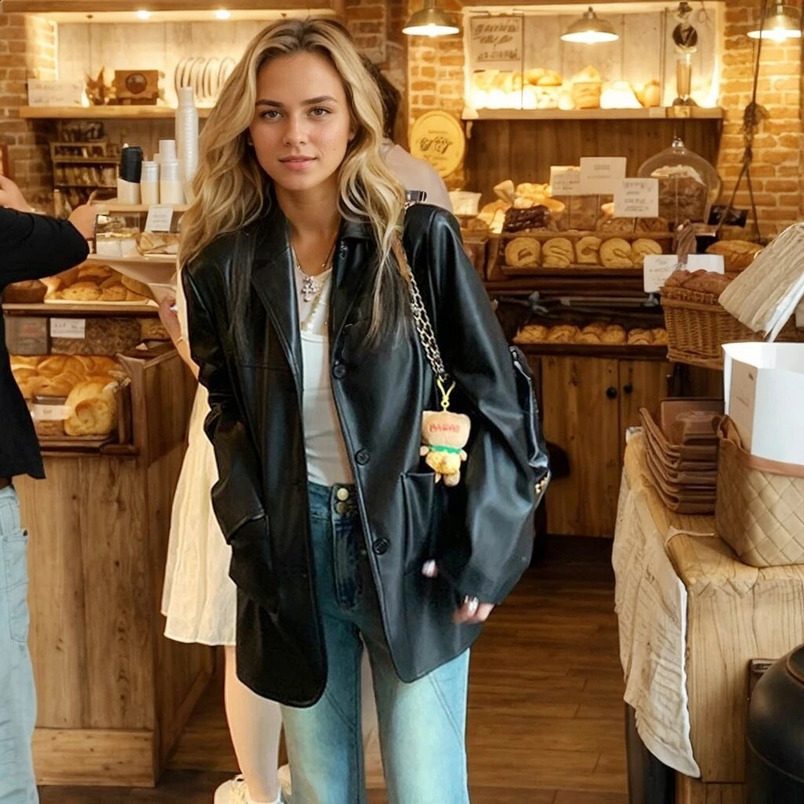 High Quality Soft Sheepskin Leather Long Sleeve Jacket For Women Top Coat Loose Outerwear Ladies Streetwear Clothing 250122